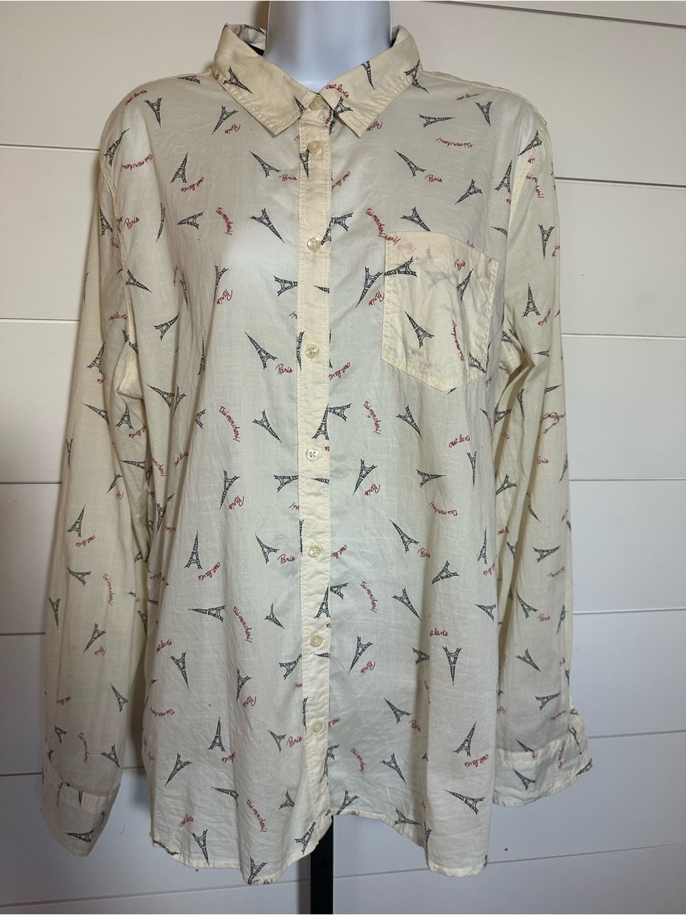 Cream Button-Up Shirt with Eiffel Tower Print